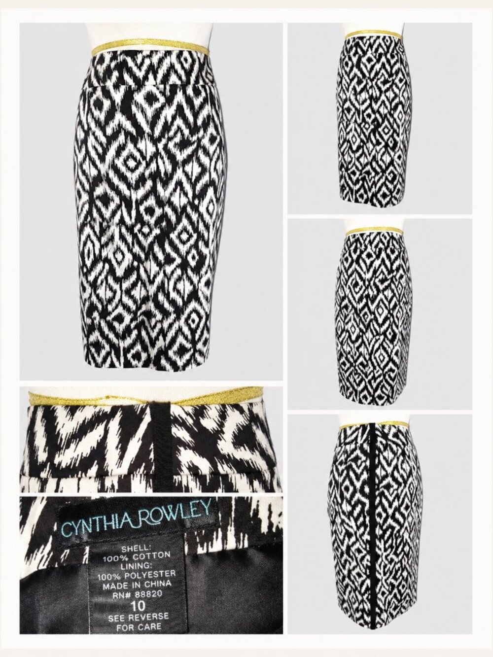 Cynthia Rowley Black White Ikat Pencil Skirt Size 10 Cotton Career Midi